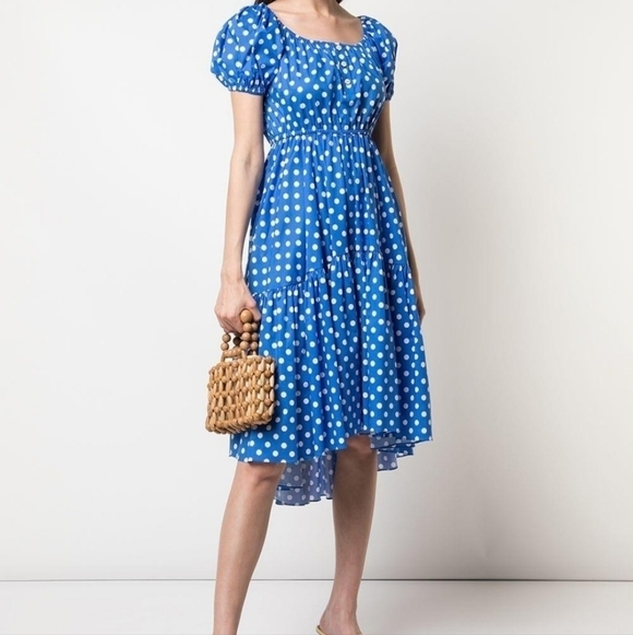 New Caroline Constas Bardot Flounce Polka Dot Blue/White Midi Dress NWT Small - Picture 3 of 15